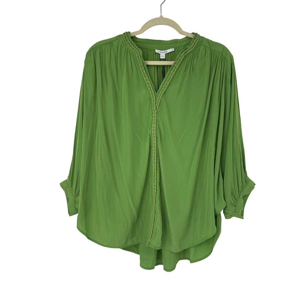 Chico’s Braided Batwing Blouse Green Gold Trim 3/4 Sleeve Size 2 NWT